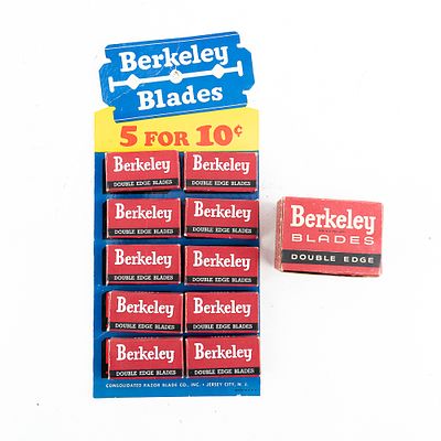 Vintage Berkeley Razor Blade Display, Jersey City, NJ, comes with 10 blade boxes, crease near 