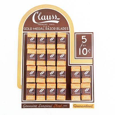 Vintage Clauss Razor Blade Display, Fremont, OH, comes with 20 blade boxes, good condition, see 