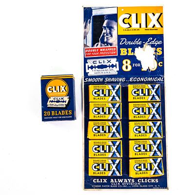 Vintage Clix Razor Blade Display, Long Island City, NY, comes with 10 blade boxes, 1.5" hole at 