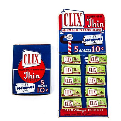 Vintage Clix Razor Blade Display, New York, NY, comes with 10 blades boxes, slightly torn at 