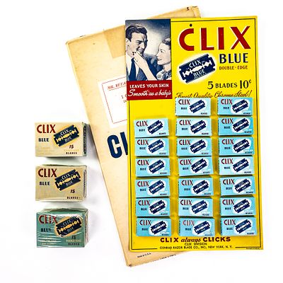 Vintage Clix Blue Razor Blade Display, New York, NY, comes with 20 blade boxes and 3 complete 