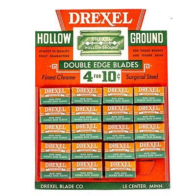 Vintage Drexel Hollow Grnd Razor Blade Display, LeCenter, MN, comes with 19 blade boxes, one is 