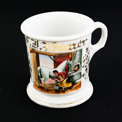 Farrier Occupational Shaving Mug. Shaving mug for a Farrier showing an anvil, forge, horse, and 