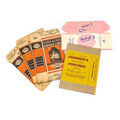 Vintage Popcorn/Ice Cream Boxes (5). Lot includes 3 small H&H popcorn boxes, 1 small Johnson 