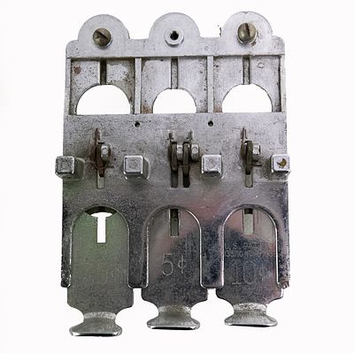 Vintage Pinball Arcade Game 3-Coin Slot Mechanism for nickel, dime and quarter.