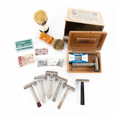 Assortment of Vintage Shaving Items Razors Brushes. Vintage assortment of shaving related items 