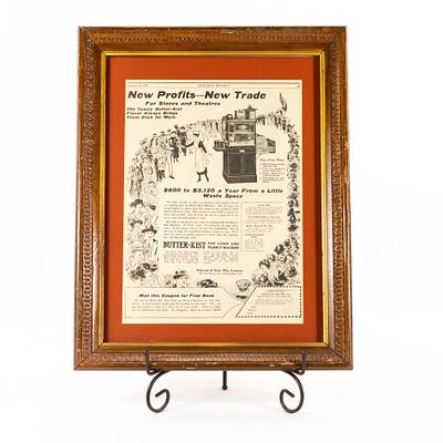 Framed Butterkist Popcorn & Peanut Machine Ad. In very good overall condition. Vintage Holcomb & 