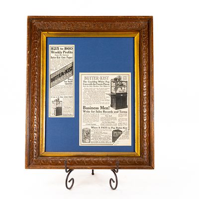 Framed Butterkist Popcorn Machine Advertisements. In very good overall condition. Vintage 