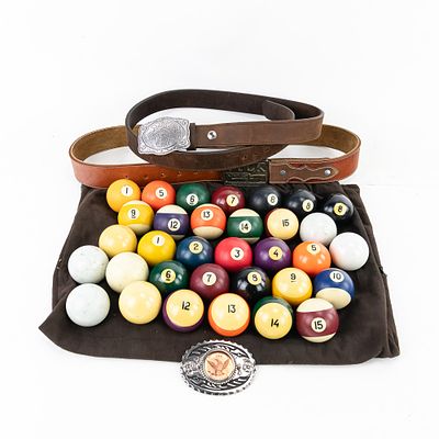 Pool Ball & Belt Buckle Assortment. Collection showcases (33) assorted "Pool" balls with doubles 
