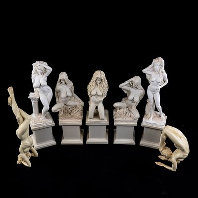 Assorted Nude Female White Resin Sculptures. Collection features a collection of (5)12.5", 11" & 