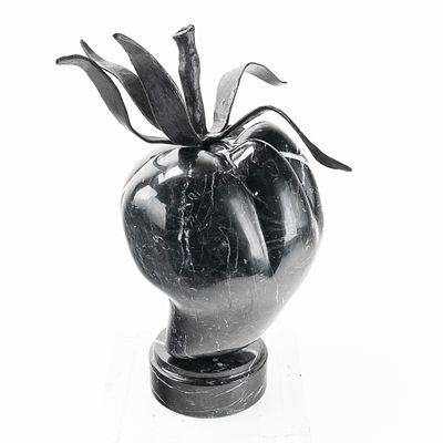 Black Granite Poblano Pepper w Stand and Leaf Top. Sculpted by the St Barth's island artist de 