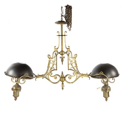 Large Brass 2 Arm Bar / Pool Table Light Fixture. Vintage solid cast brass ornate 2 arm light 