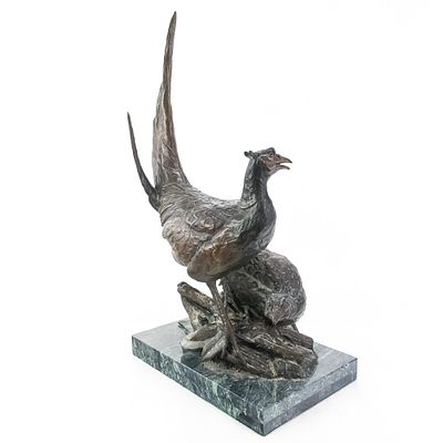 Bronze Pheasant Sculpture by Matia. Bronze sculpture of 2 life size ring neck pheasants on a 