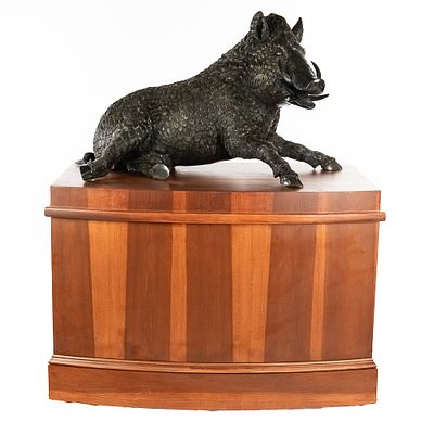 Large Reclining Bronze Boar on Custom Stand. Large life size reclining bronze boar on a custom 