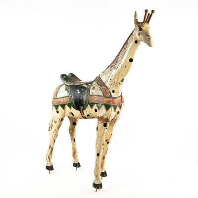 Vintage Heyn Carved Wood Carousel Giraffe. Standing carved wood giraffe carousel figure believed 