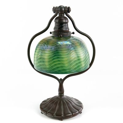Tiffany Studios 9532 Harp Lamp. Nice Tiffany Studios bronze harp lamp with glass shade signed 