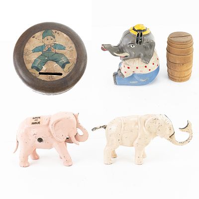 Vintage Coin Bank Assortment Elephant Advertising+. Includes 5 vintage coin banks featuring "The 