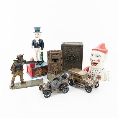 Vintage Coin Bank Assortment Jester William Tell +. Vintage cast iron coin bank assortment 