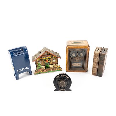Assortment of 6 Vintage Bank Themed Coin Banks. Vintage coin bank assortment features 6" Post 