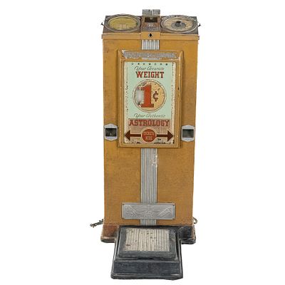 RARE "Accurate Weight" Stand On Scale. A rare one cent scale with astrology and health. ,Seldom 