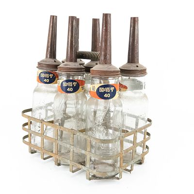 (6) Standard Oil Service Motor Oil Bottles w Rack. 6 Pack rack featuring Standard Oil Co Service 