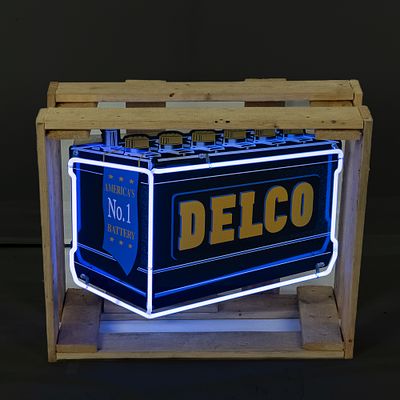 Delco Batteries Advertising Neon Sign. Captivating die cut contemporary Delco batteries neon 