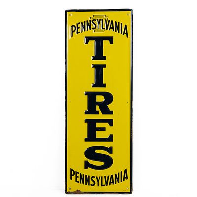 Pennsylvania Tires Embossed SST Advertising Sign. "Pennsylvania Tires" embossed single sided tin 