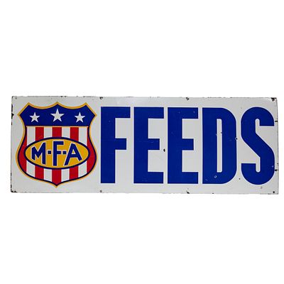 66" MFA Feeds SSP Advertising Sign. Vintage "MFA FEEDS" single sided porcelain advertising sign. 