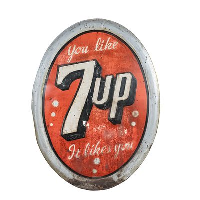You Like 7-Up, It Likes You SST Advertising Sign. Vintage "You Like 7-Up, It Likes You" oval 