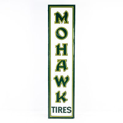 71" Mohawk Tires Embossed SST Advertising Sign. "Mohawk Tires" single sided embossed tin 