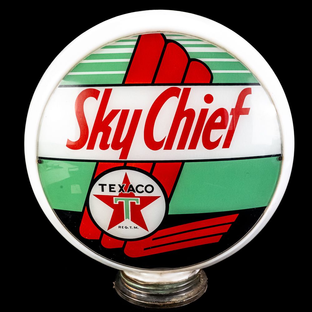18" Sky Chief Glass Gas Advertising Globe. 18" (stands)Sky Chief advertising glass gas globe. 