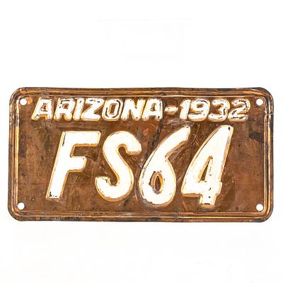 Arizona 1932 Copper License Plate. # FS64 solid copper plate with repainted numerals and 
