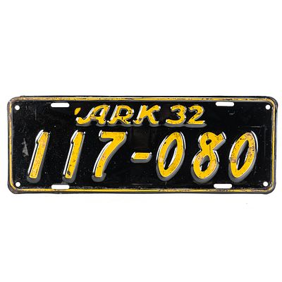 Arkansas 1932 License Plate. # 117-080 in good to VG original condition with slight paint loss 