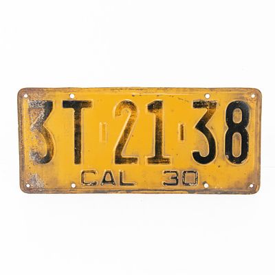 California 1930 License Plate. # 3T-21-38 in good original condition with paint loss to the left 