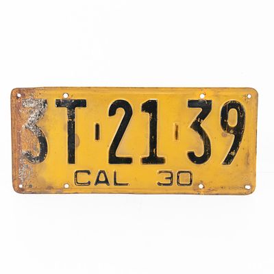 California 1930 License Plate. # 3T-21-39 in good original condition with paint loss to the left 