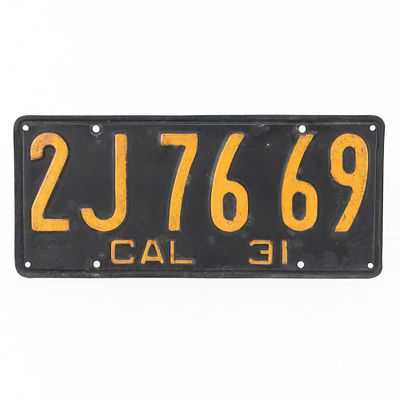 California 1931 License Plate. # 2J 76 69 in VG+ original condition. See pics. From the Jim 