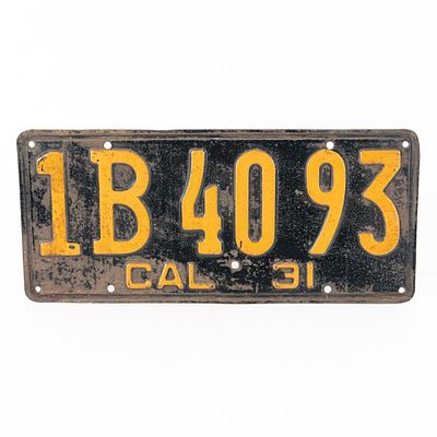California 1931 License Plate. # 1B 40 93 in fair to good condition with light surface rust and 