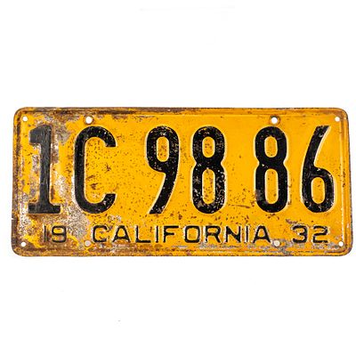 California 1932 License Plate. # 1C 98 86 in fair original condition with paint loss and 