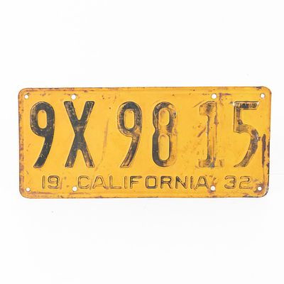 California 1932 License Plate. # 9X 98 15 in good original condition with paint fade and a 