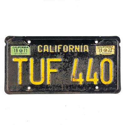 California 1971-2 License Plate. # TUF 440 in fair original condition with corrosion to the 