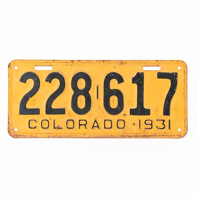Colorado 1931 License Plate. # 228 617 in good+ original condition with minorpaint peeling and 