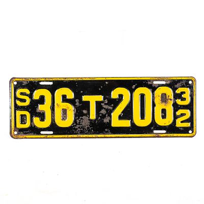 South Dakota 1931 License Plate. 208 in good original condition with some paint loss and minor 