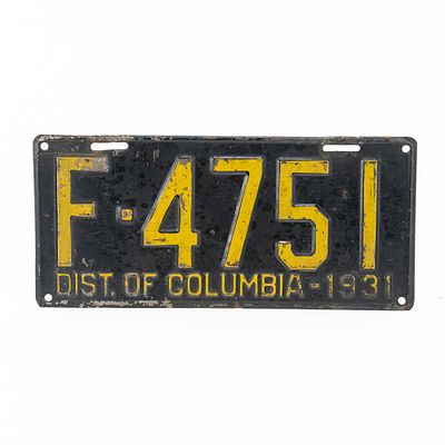District of Columbia 1931 License Plate. # F-4751 in good+ original condition with minor paint 