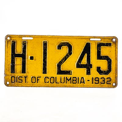 District of Columbia 1932 License Plate. # H-1245 in good condition with paint crackling on the 