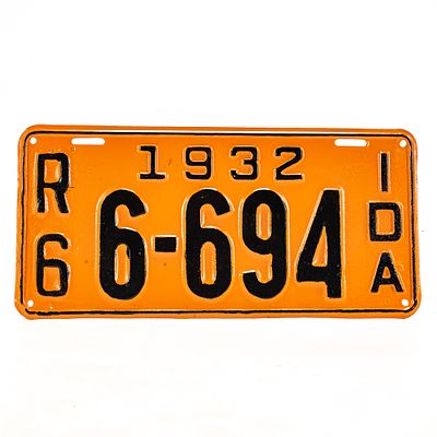 Idaho 1932 License Plate. # 6-694 repaint over a corroded plate. R6 designation for Twin Falls 