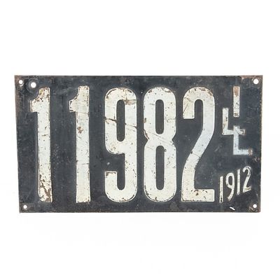 Illinois 1912 License Plate. # 11982 rear plate in good+ original condition. C.H. Hanson stamp 
