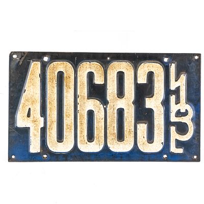 Illinois 1913 License Plate. # 40683 rear plate in fair original condition with paint fade and 6 