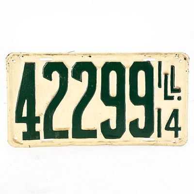 Illinois 1914 License Plate. # 42299 amateur repaint rear plate in fair condition. Plate has 5 
