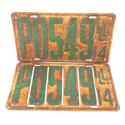 Illinois 1914 License Plate Pair. # P0549 in fair condition. Both plates are solid but have 