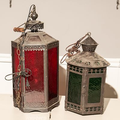 Two Vintage Gothic Electrified Lanterns (2). These striking Mid-Century lanterns showcase a bold 